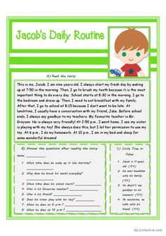 the jacob's daily routine worksheet is shown in green and white