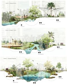 two diagrams showing different views of trees and water