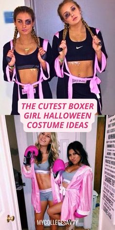 two girls in matching outfits with pink boxing gloves on their shoulders and the caption says, the cutest boxer girl halloween ideas