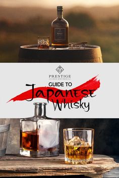 a sign that says guide to japanese whisky with two glasses and a bottle on the table