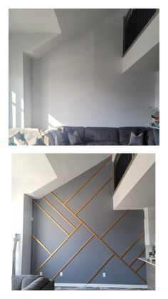 DIY Gold Geometric Accent Wall - WOOD MURAL Gold Accent Wall Bedroom, Decorating Porch, Gold Accent Wall, Living Room Wall Designs, Diy Accent Wall, Front Porch Ideas Curb Appeal, Front Porch Ideas