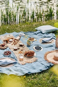 an outdoor picnic is set up on the grass by the water, with plates and utensils