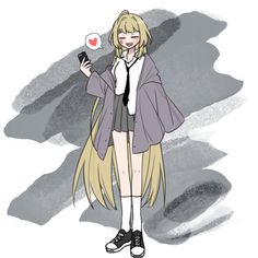 a drawing of a girl with long blonde hair holding a cell phone in her hand