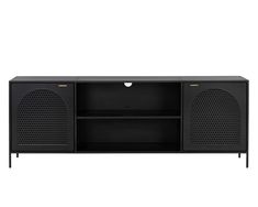 a black entertainment center with two speakers