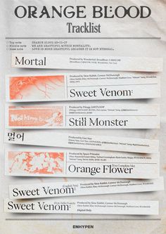 the orange blood tracklist is shown in three different font styles, including one for each type