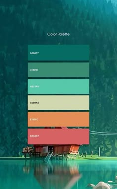 the color palette is different shades of green, orange, and pink with flamingos swimming in the water