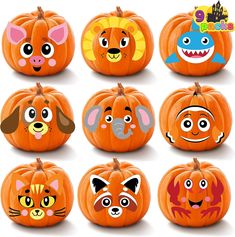 pumpkins decorated with cartoon animals and faces for halloween party decorations, isolated on white background