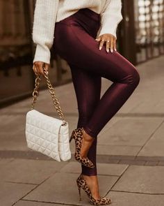 women's faux leather leggings - Women's High Waist Faux Leather Leggings - Trendy Street Style - Wine Red / XL - LOVEMI Faux Leather Trousers, Tight Leather Pants, Edgy Looks, Elegant Pant, Leather Pants Women, Pants Women Fashion, High Waist Fashion, Leggings Casual, Leather Trousers