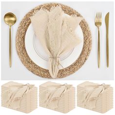 a place setting with napkins, forks and spoons