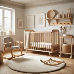 a baby's room with a rocking chair and crib