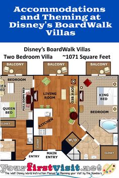 the floor plan for a disney's boardwalk villa with two bedroom and one bathroom