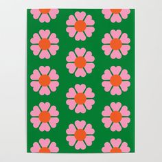 a green background with pink and orange flowers on the bottom half of each flower is an orange center