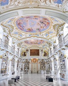 the interior of a library with many bookshelves and paintings on the ceiling above them