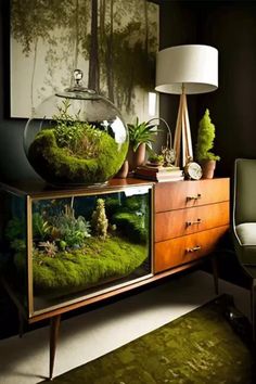 a living room with moss growing on the side of it and a lamp next to it