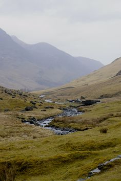 a stream running through a lush green valley