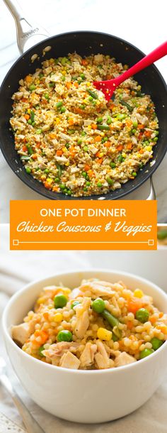 one pot dinner chicken casserole with rice and veggies in a skillet