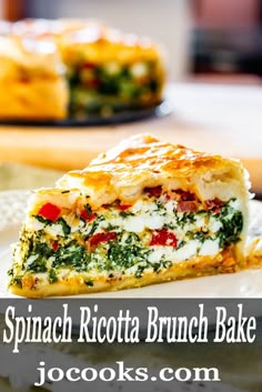 spinach ricotta brunch bake on a plate with text overlay