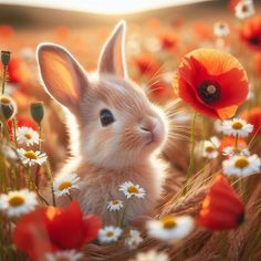 a small rabbit sitting in the middle of flowers