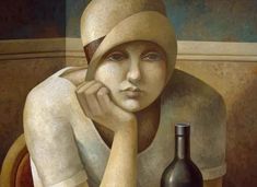 a painting of a woman sitting next to a bottle