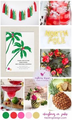 a collage of pineapples, watermelon and raspberry cocktails