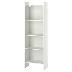 a white bookcase with three shelves on each side