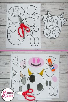 two pictures with scissors and paper cut out of them to look like farm animals on white wood