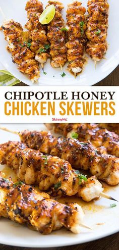 grilled chicken skewers on a white plate with text overlay that reads chipotle honey chicken skewers