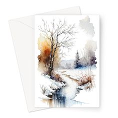 a card with watercolor painting of trees in the snow and stream running through it