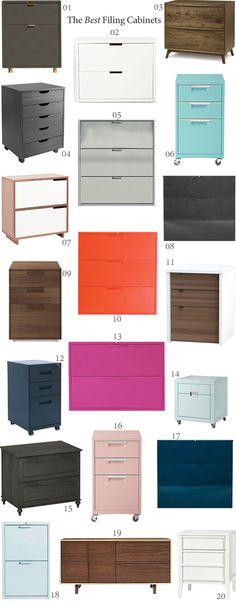 dressers with different colors and sizes are shown in this image, the drawers have been painted