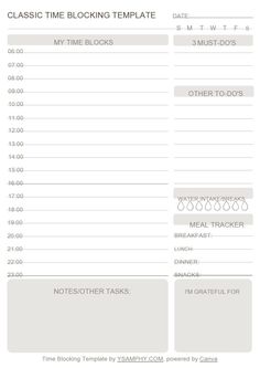 a printable time card with the words,'classic time blocking template '