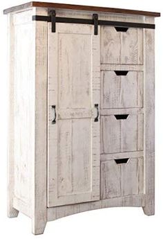 an armoire with drawers and wooden top