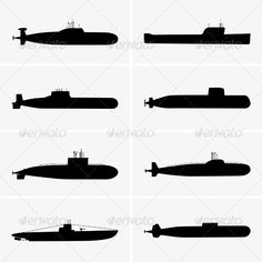 six silhouettes of different types of submarines in black and white - stock photo - images