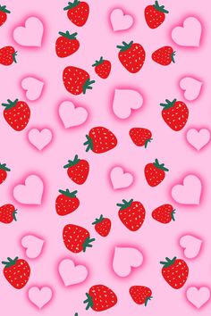 a pink background with hearts and strawberries