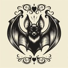 a black and white drawing of a bat with ornate designs on it's wings