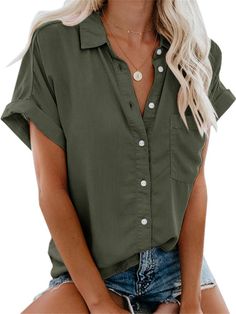 Pocket Blouse, Plain Tops, Short Sleeve Shirts, Looks Chic, Casual Blouse, Collar Shirts, Short Sleeve Shirt