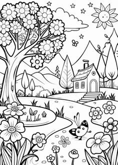 a black and white drawing of a house in the countryside with flowers, trees and birds