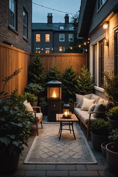 an outdoor patio with lights and furniture