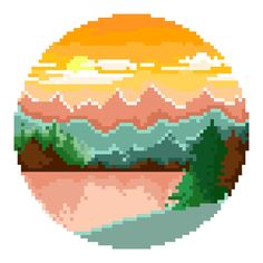 an image of a pixellated landscape with mountains and trees in the background, as well as water