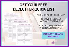 a woman holding a clipboard with the text get your free declutter quick list