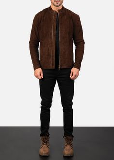 Giving you a simplistic style with a  luxurious feel. This men’s Charcoal Mocha Suede Biker Jacket is both restrained on design but high on luxury and simplicity that many men appreciate in quality outerwear. Made of a suede finish goatskin leather, having a quilted polyester lining, mandarin style collar, zipper front closure with dual pullers, as well as two inner and outer pockets. A great biker style with a suede twist. Suede Leather Jacket Men, Dark Brown Jacket Outfit Men, Men Jacket Outfit, Brown Jacket Outfit Men, Mens Suede Jacket, Mens Biker Style, Suede Jacket Outfit, Moto Jacket Outfit, Suede Jacket Men