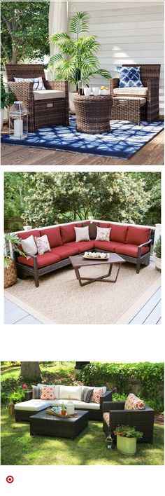 an outdoor living area with couches, tables and chairs in different stages of construction