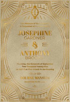 an art deco wedding card with gold foil