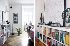 two pictures side by side with bookshelves in the same room