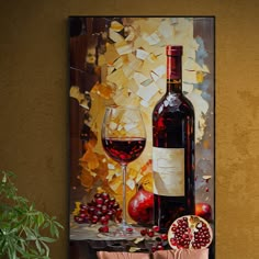 a painting of a bottle of wine and two glasses with pomegranates next to it