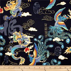 a black background with blue and yellow dragon designs