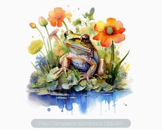 a watercolor painting of a frog sitting on top of flowers