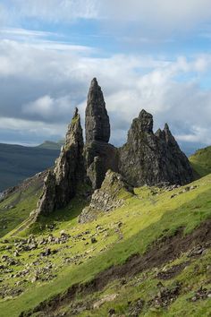 some rocks and grass on the side of a hill