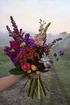 a person holding a bouquet of flowers in front of the camera on a dirt road