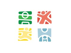 three different logos with people in the middle one is green, yellow and blue while the other two are red