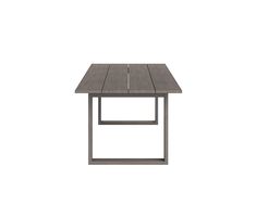 an outdoor table with metal legs and a square wooden top, viewed from the side